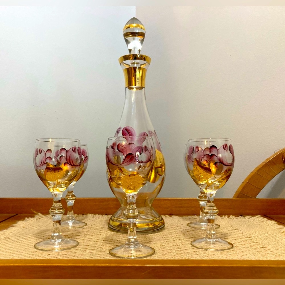 Hand Painted Floral Gold and Pink Decanter Set